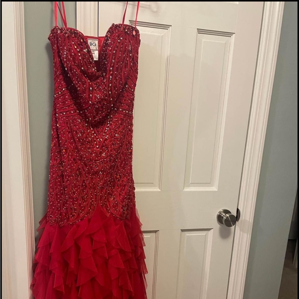 Red Formal Evening Beaded Dress BG Haute